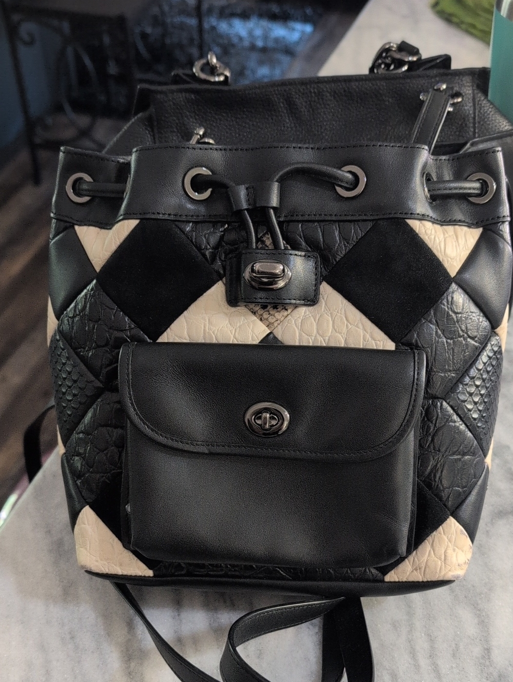 Black and Cream Quilted Drawstring Backpack
